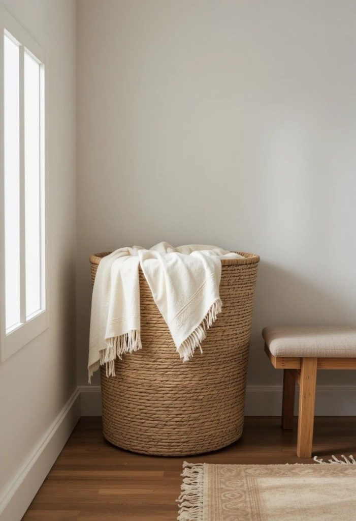 Large woven seagrass basket holding a cream linen blanket beside a low oak bench in a Japandi bedroom.