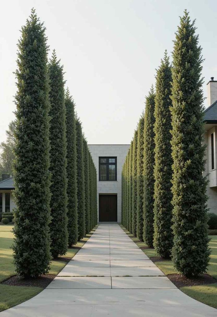 Row of columnar hornbeam trees in a straight line along a driveway as minimalist landscaping