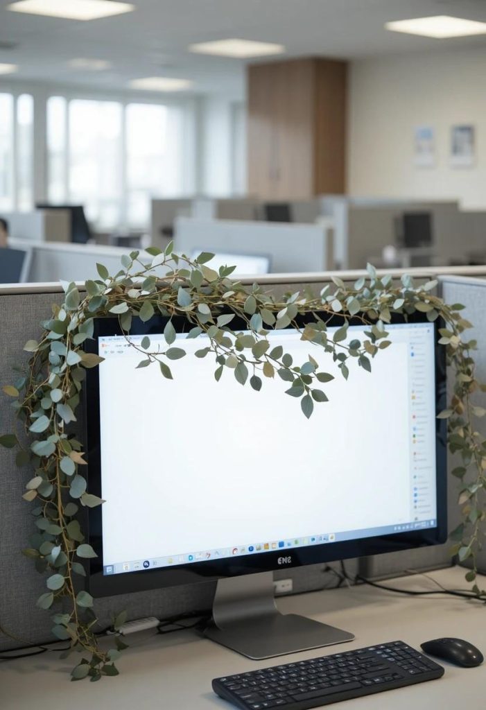 Dried eucalyptus garland draped softly across the top of a computer monitor at a cubicle workstation