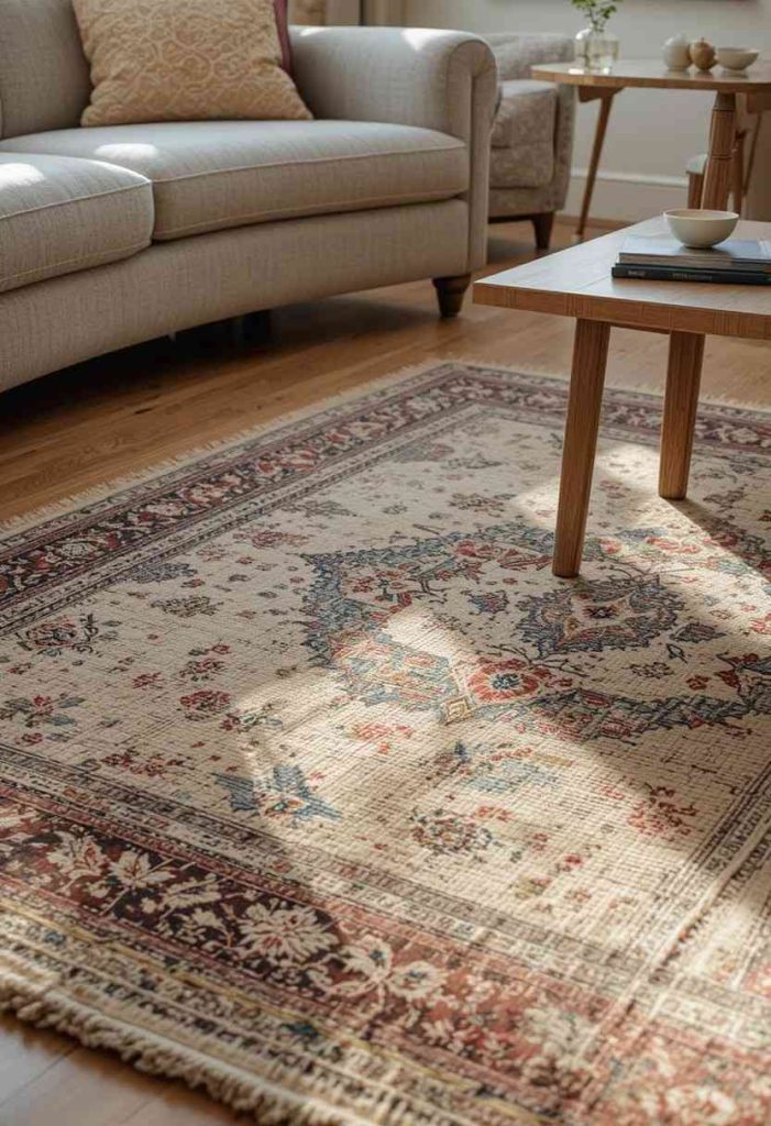 Layered natural jute rug and faded floral Persian rug on a whimsical living room floor with bobbin furniture.