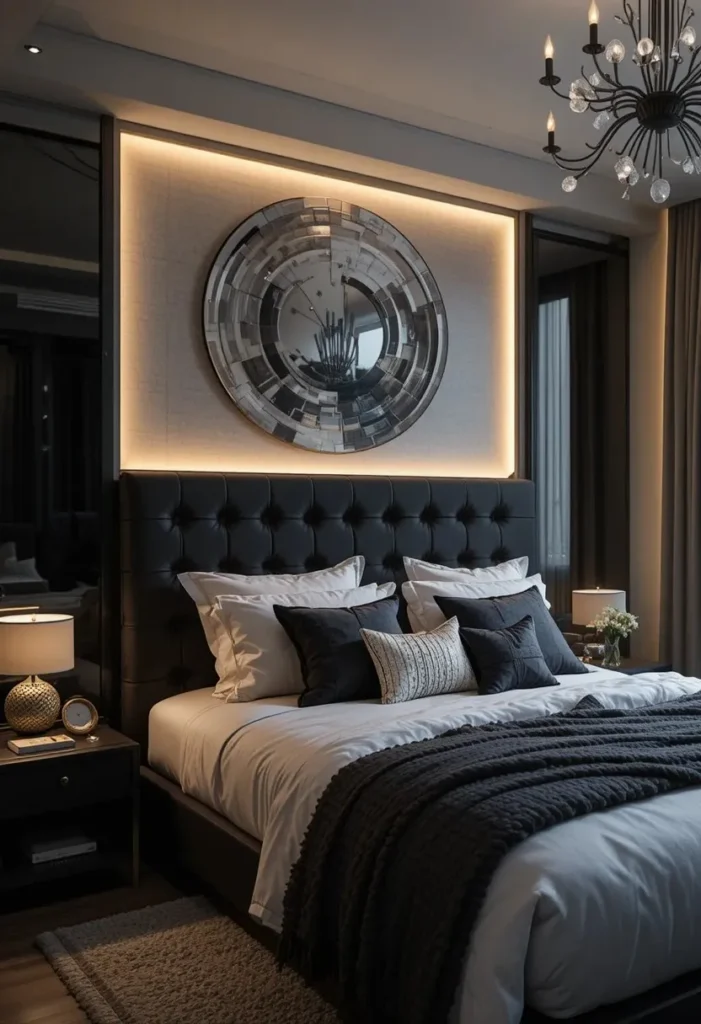 Black and silver bedroom with ambient lighting