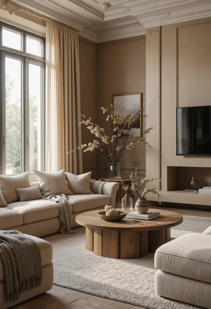Creamy taupe living room walls with elegant cozy decor.