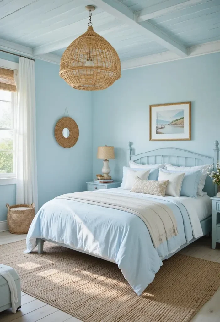 coastal blue bedroom ideas with natural textures and airy decor