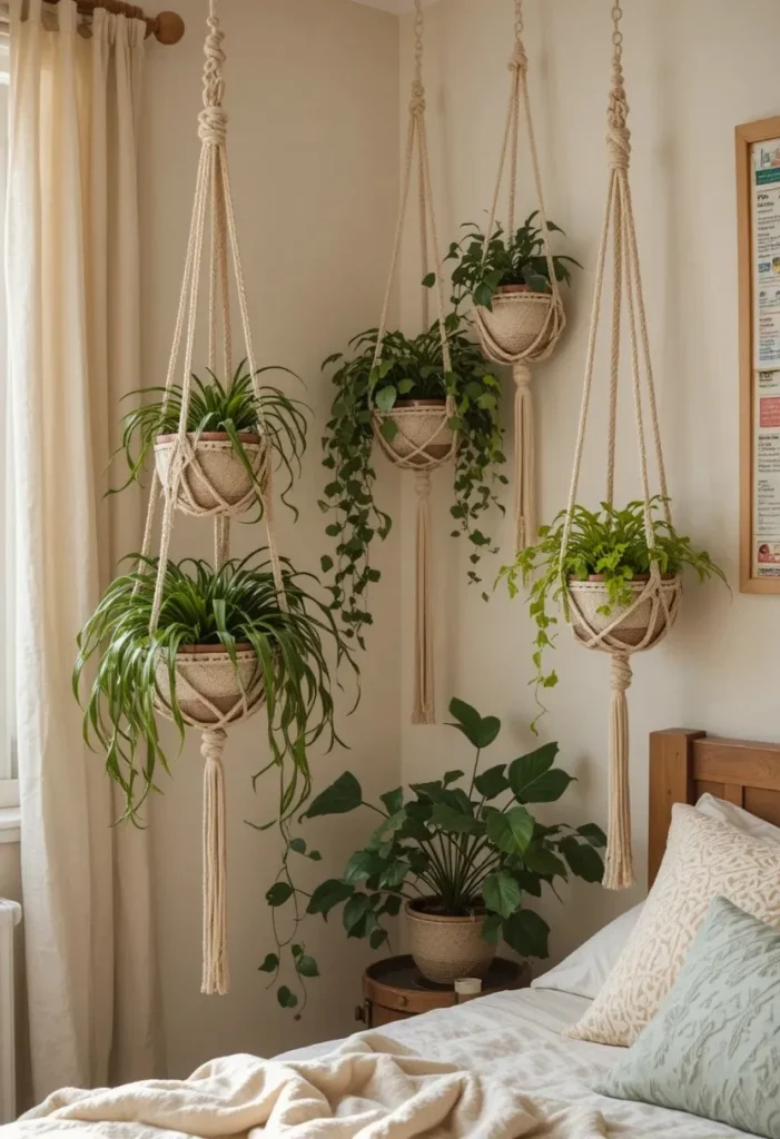 hanging plant wall shelf ideas with macrame boho styling