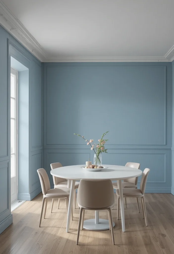 Minimal blue dining room with clean lines and simple modern furniture