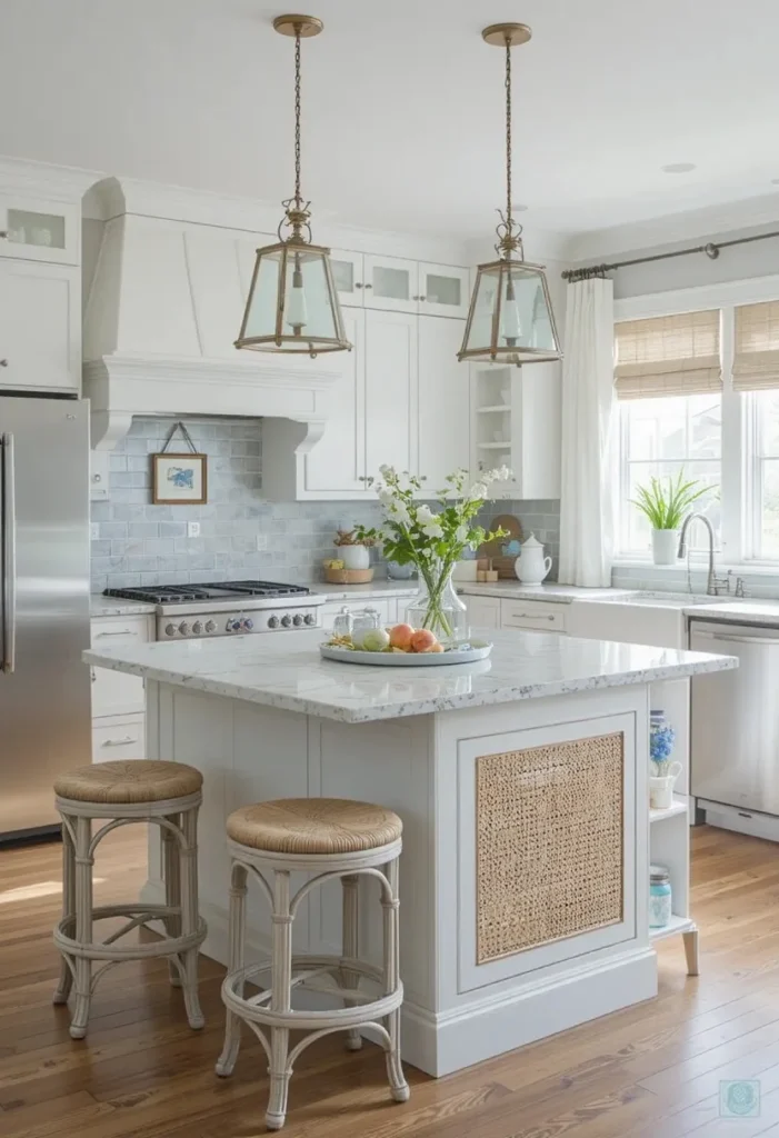 Coastal one wall kitchen with rattan island and soft blue accents