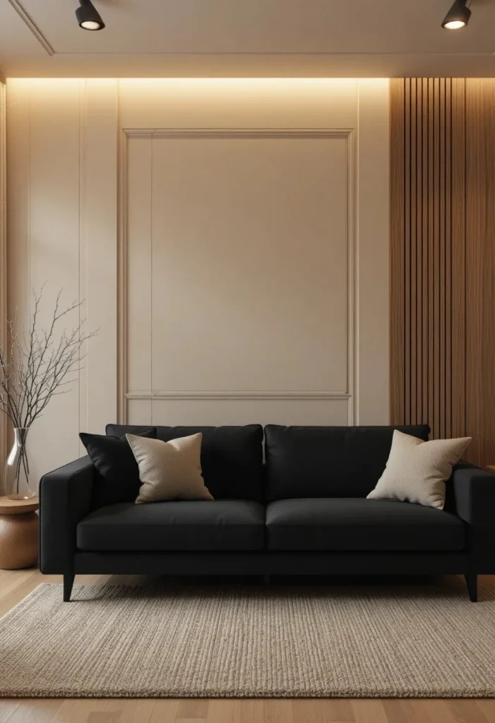 Black sofa against soft beige living room walls
