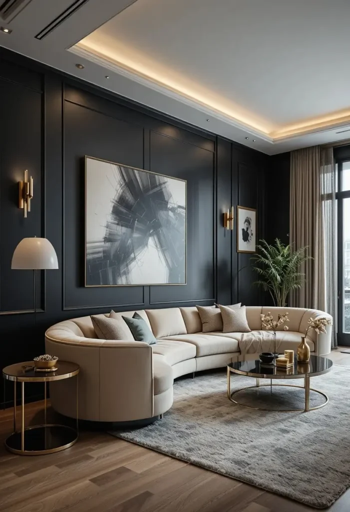 Black painted living room walls with bold modern styling.
