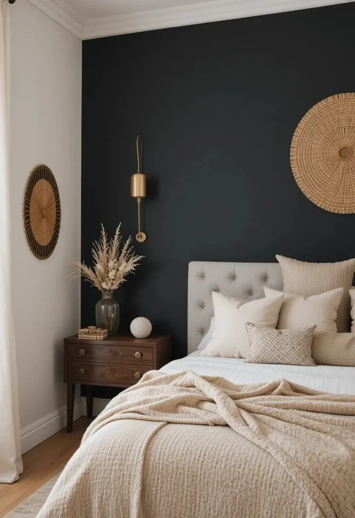 Black accent wall paired with warm bedroom decor