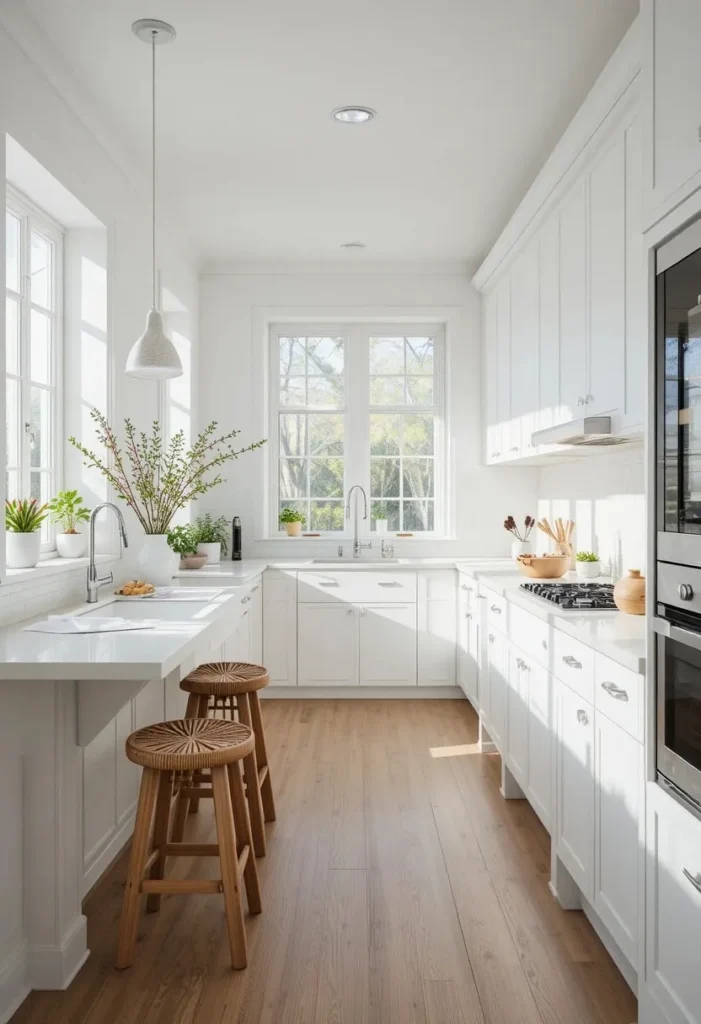 Bright white long kitchen with soft neutral decor