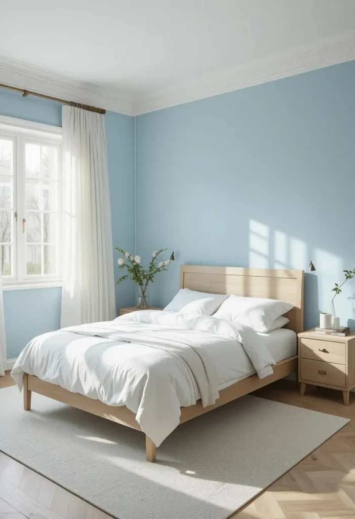 soft sky blue bedroom with white bedding and airy natural light