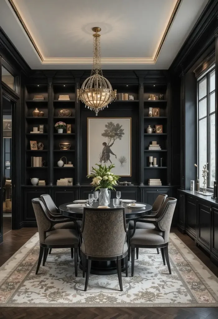 Black built-in cabinets in dining room for custom and stylish storage