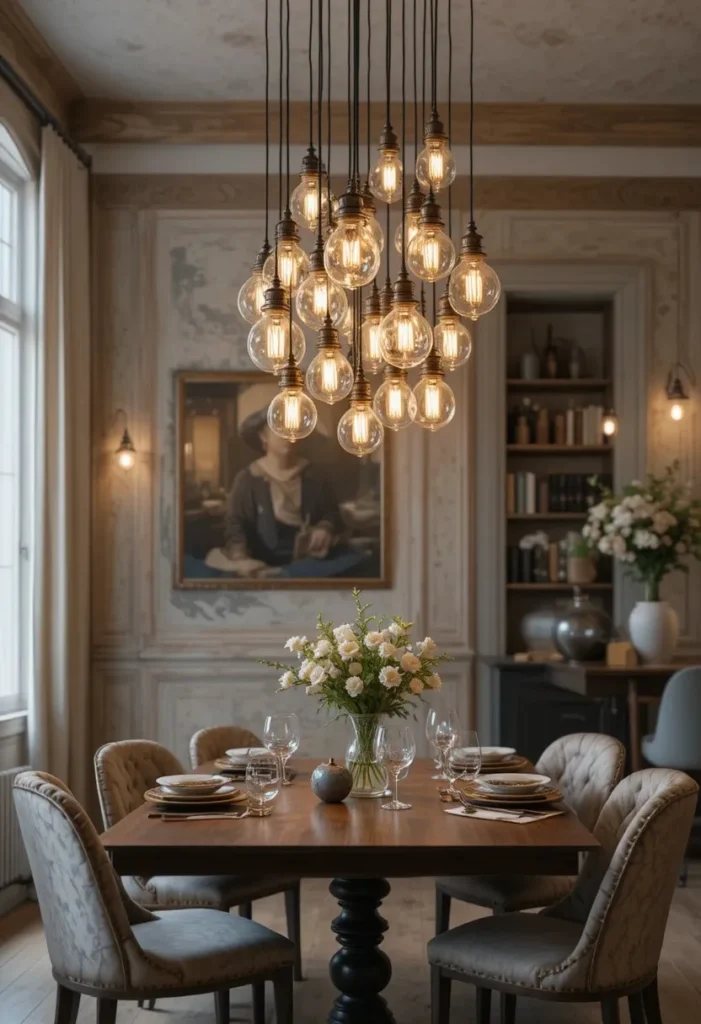 Cluster pendant lighting creating layered designer look over dining table