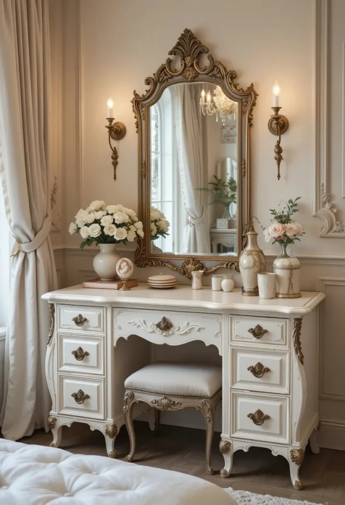 Vintage dressing table with antique mirror and cozy charm