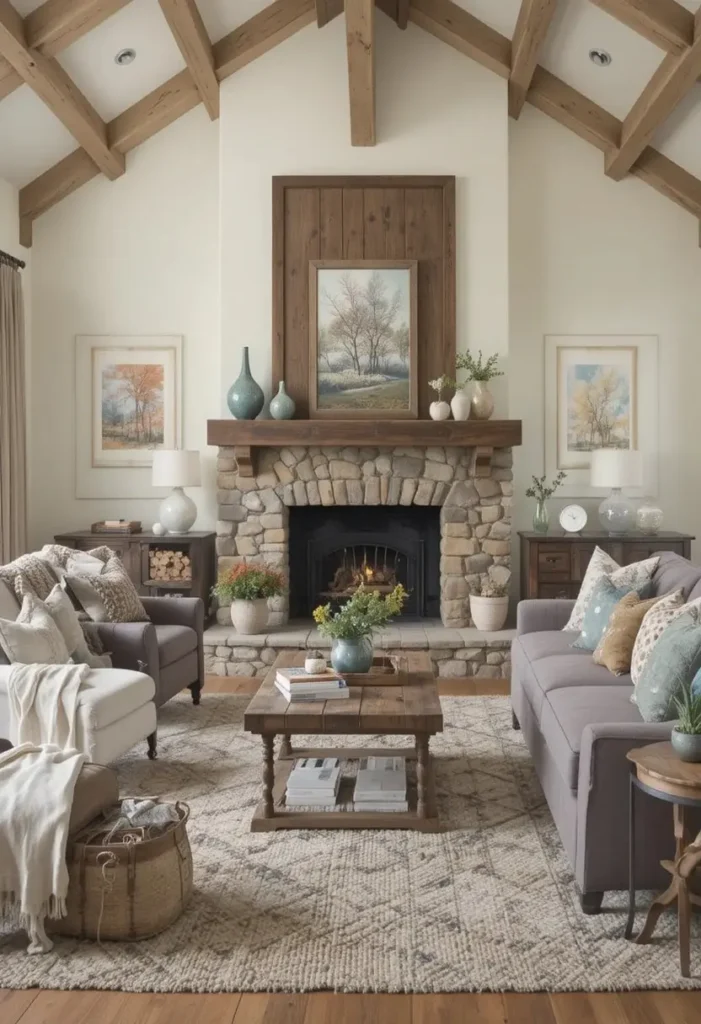 Rustic fireplace living room with wooden mantel and cozy textures.