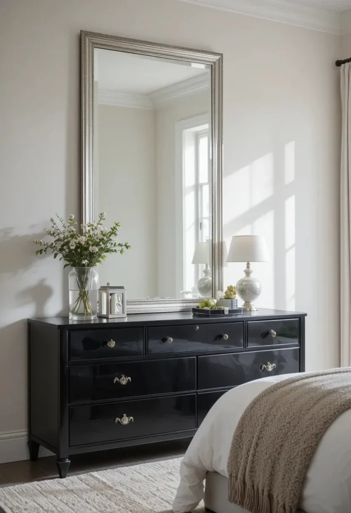 Black furniture with silver mirror decor