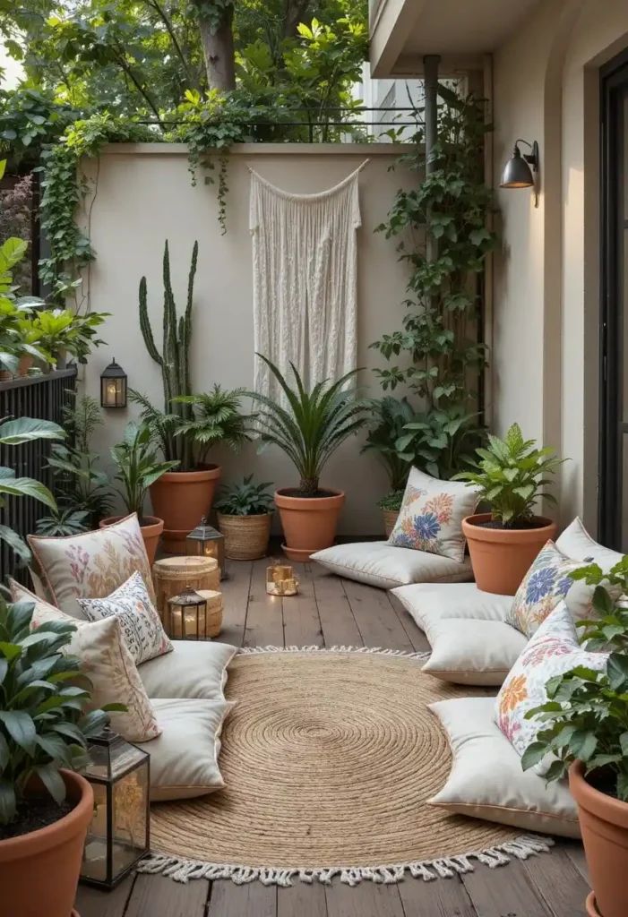 cozy boho balcony garden ideas with cushions and lanterns