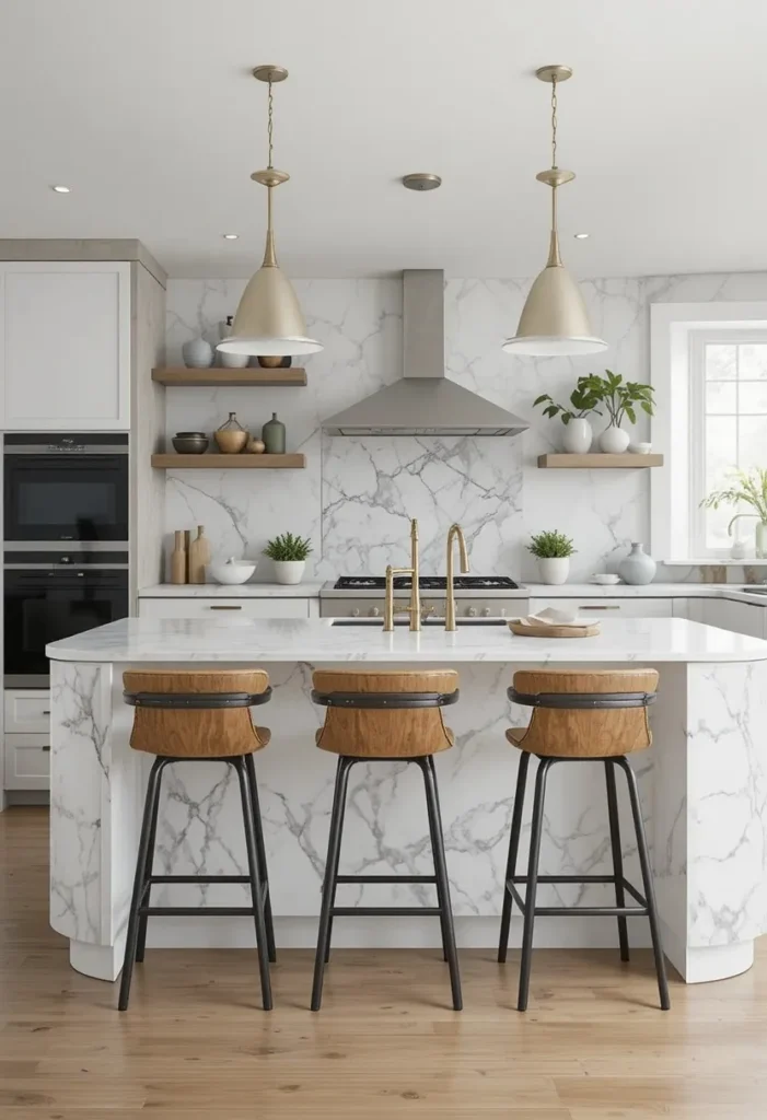 Two-tone bar stools kitchen island with modern stylish contrast design