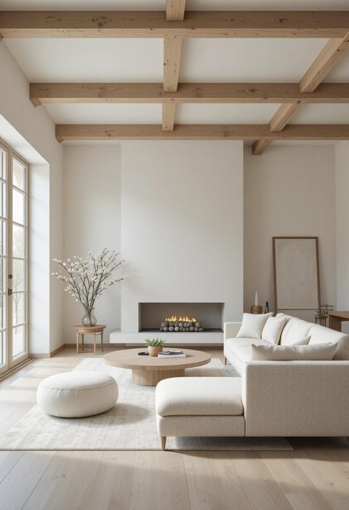 Scandinavian living room with cream walls and lighter off-white ceiling creating a sense of vertical space.