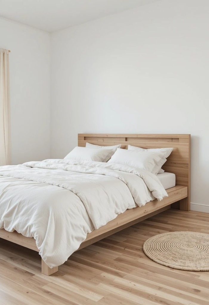 Low-profile light oak platform bed in a Japandi bedroom with cream linen bedding and white walls.