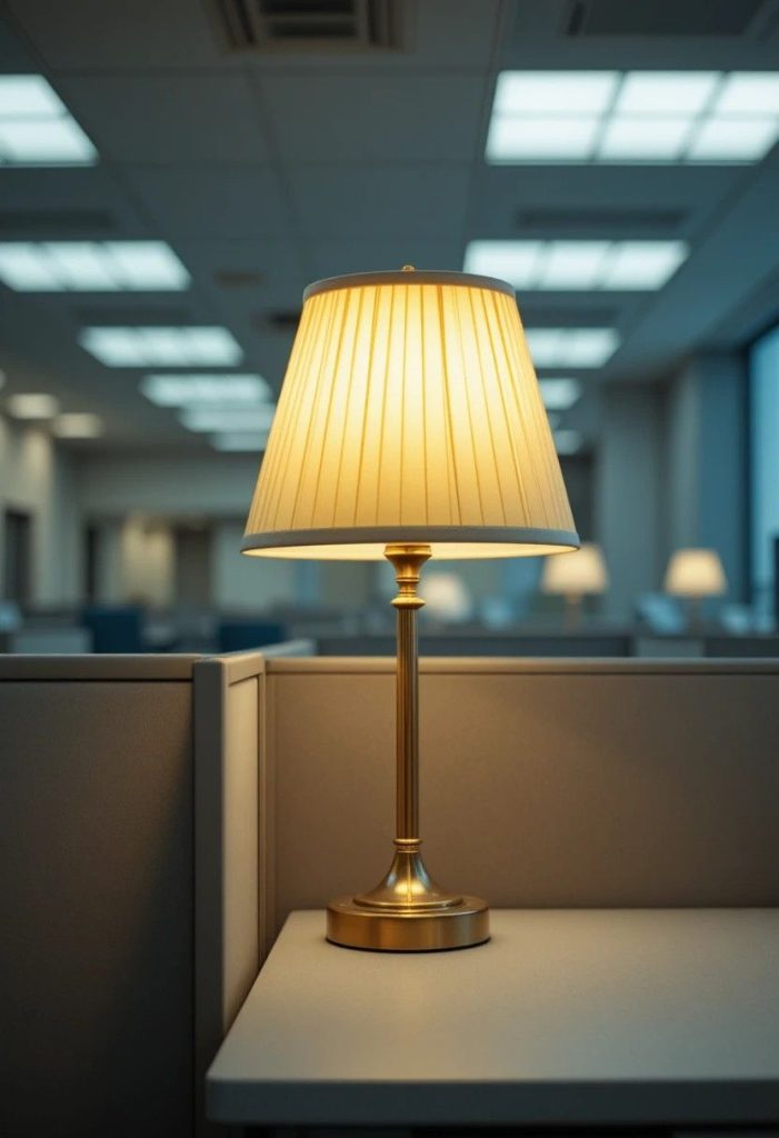 Brushed brass desk lamp with cream pleated shade casting warm golden light on a cubicle desk in an office setting
