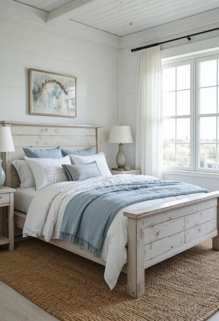 Whitewashed reclaimed wood bed frame with visible grain layered with white and soft blue bedding in a coastal bedroom.