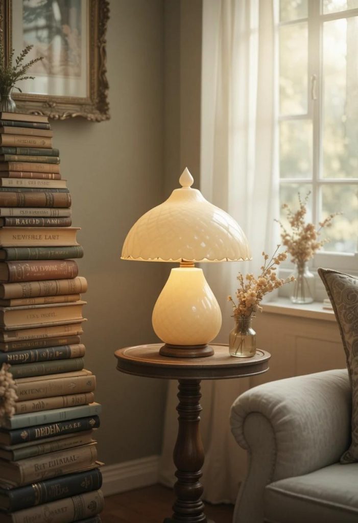 Vintage milky white mushroom lamp glowing on a bobbin side table in a whimsical living room.