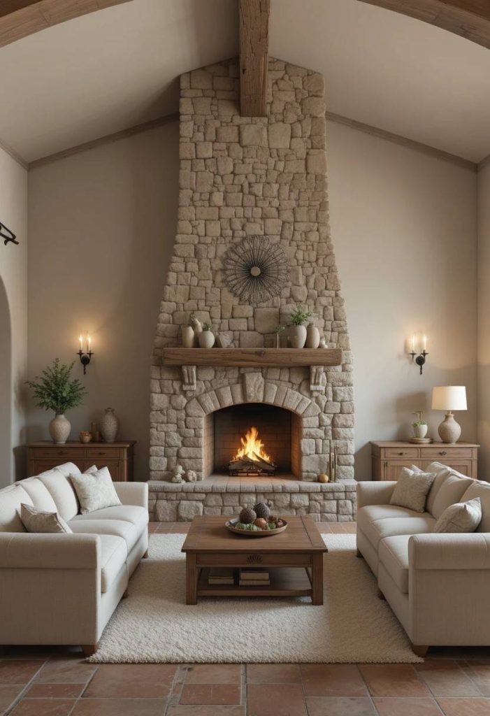 Tuscan living room with a stacked stone fireplace, reclaimed wood mantel, linen sofas, and terracotta tile floors.