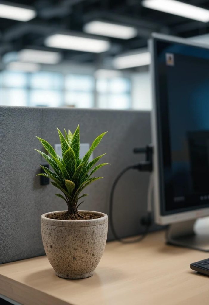 Small ZZ plant in a stone ceramic pot placed at the corner of an office desk beside a computer monitor