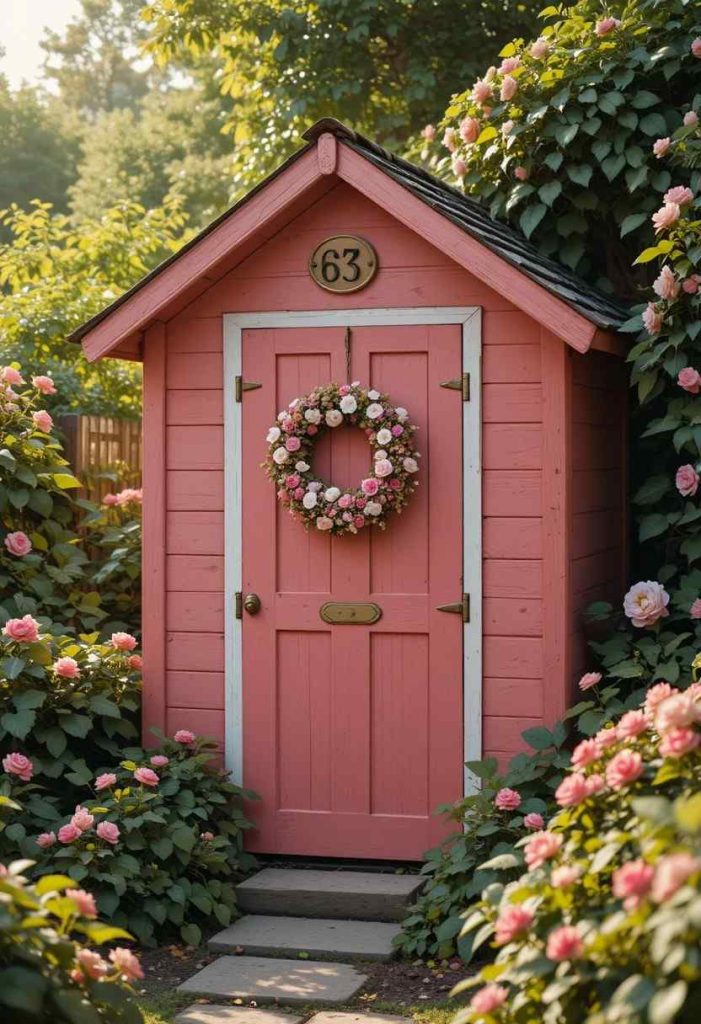 Coral pink painted garden shed with brass house number and dried flower wreath surrounded by hostas and roses