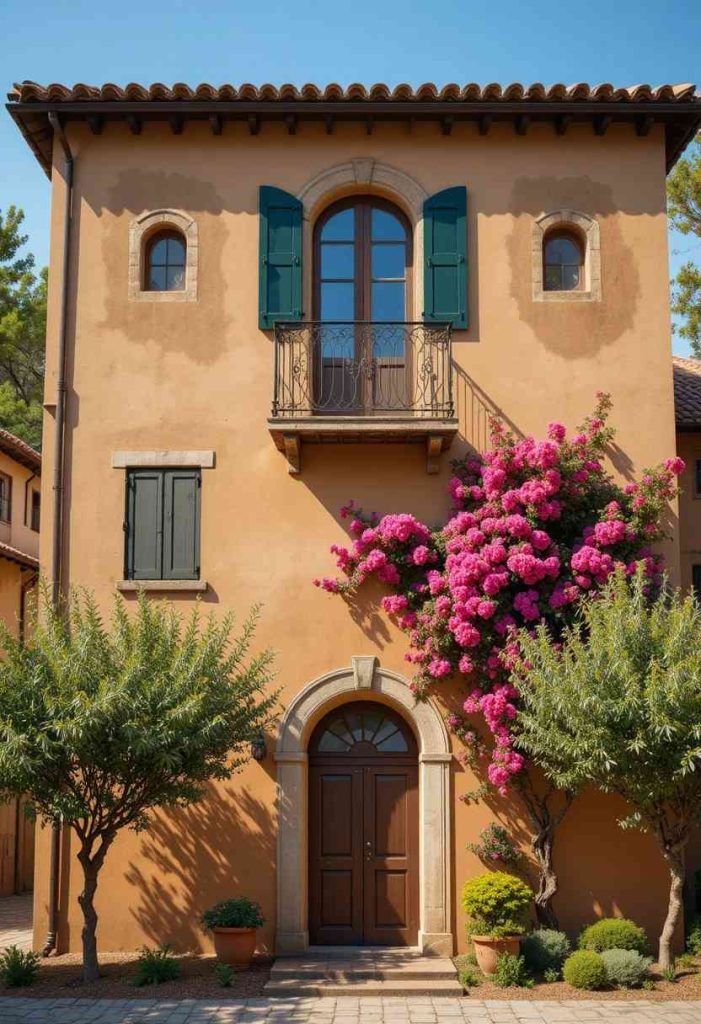 Tuscan home exterior with ochre stucco, wrought-iron Juliet balcony, green shutters, terracotta roof, bougainvillea, and olive trees in afternoon light.