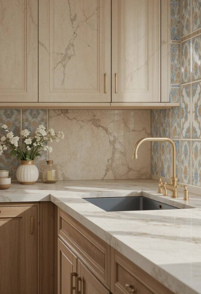 Honed travertine countertop with natural cream and beige veining over warm oak cabinets and a hand-painted Mediterranean tile backsplash in a New Tuscan kitchen.