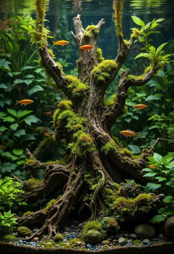 Moss-covered driftwood aquarium with ember tetras in a lush jungle-style aquascape