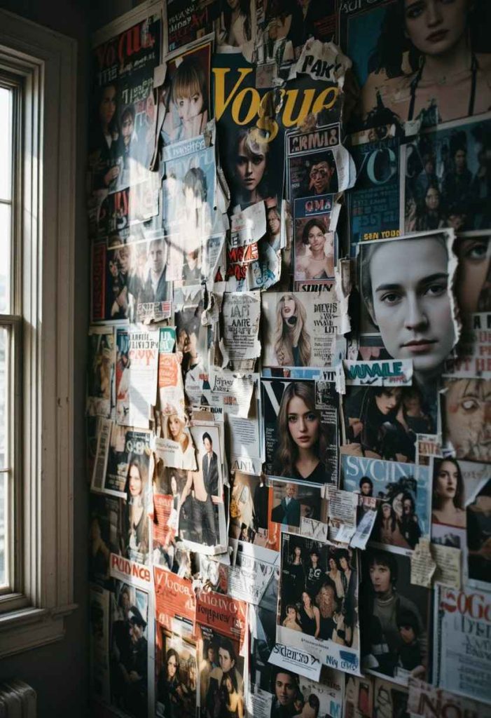Grunge bedroom wall covered in torn magazine cutouts from 90s music and fashion magazines