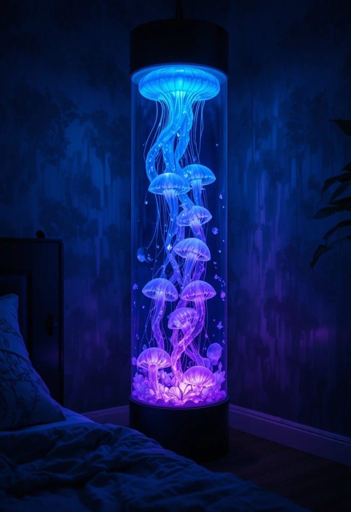 Tall jellyfish lamp glowing blue and purple in a dark aquatic-themed bedroom corner