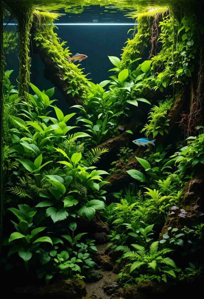 Densely planted small aquarium overflowing with lush green plants and tiny neon tetras