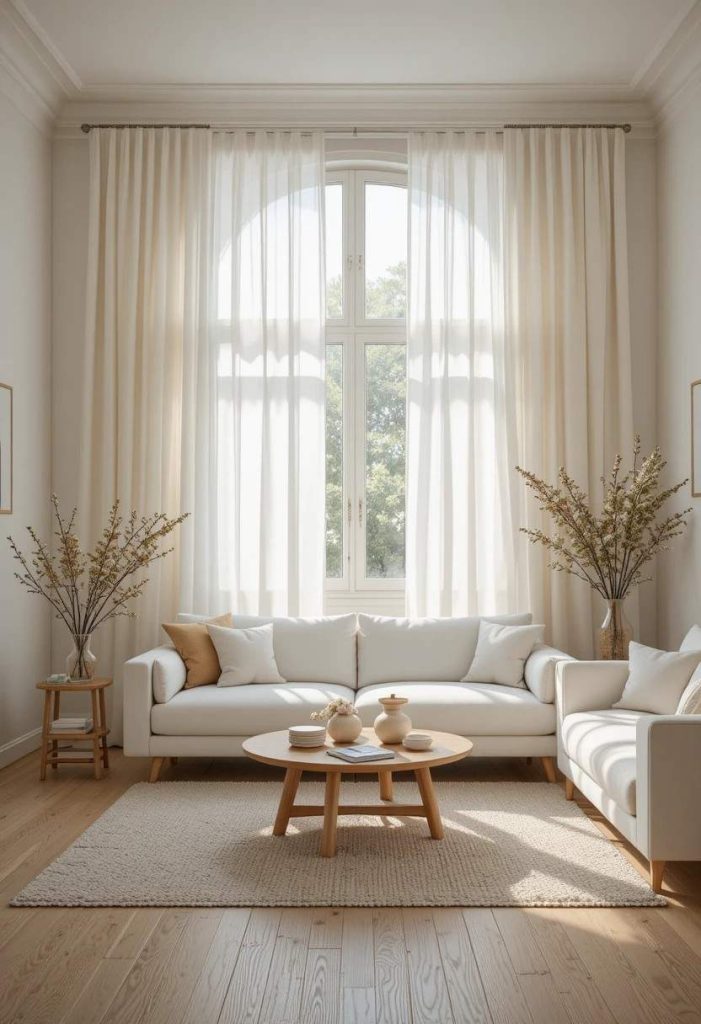 White linen sheer curtains in a bright minimalist living room with natural light and Scandinavian decor
