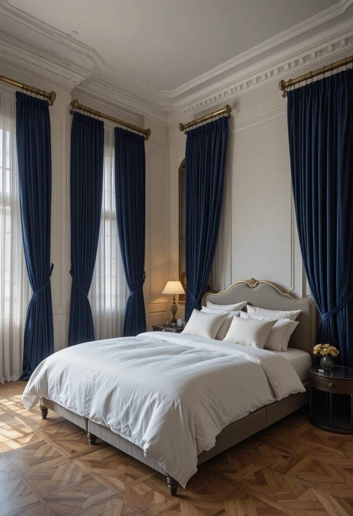 Floor-to-ceiling deep navy velvet curtains with brass hardware in a luxurious master bedroom with white linen bedding
