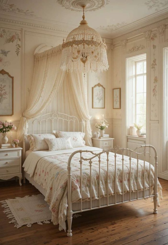Antique cast iron bed frame with patchwork quilt and crocheted canopy in a magical vintage kids bedroom with wooden floors