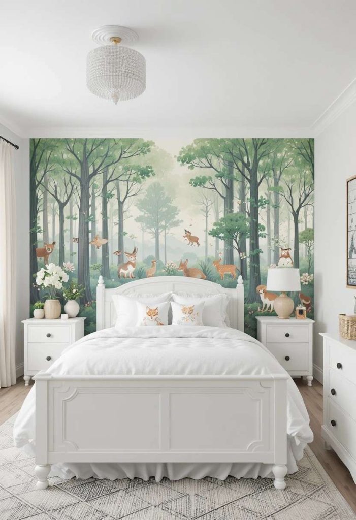 Peel-and-stick enchanted forest wallpaper feature wall in a whimsical kids room with white furniture and woodland cushions