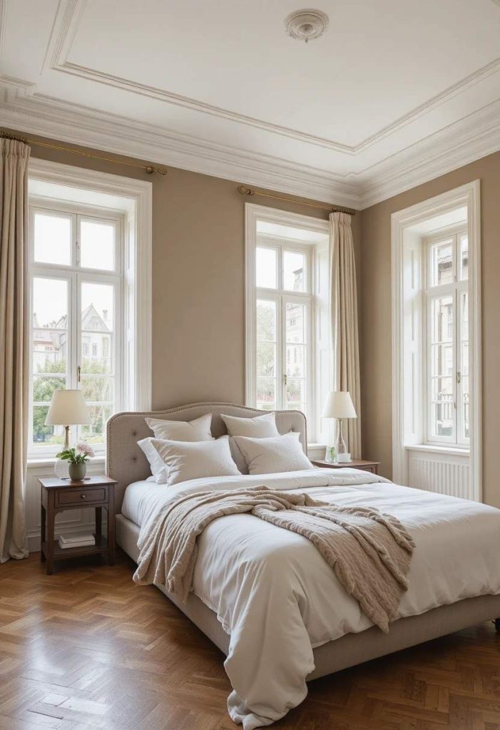 Taupe bedroom with crisp white ceiling and trim contrasting the warm wall color