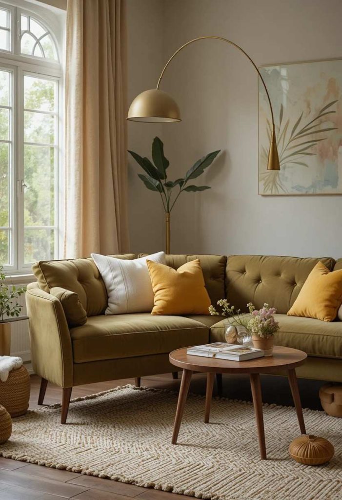 Mid-century olive green velvet sofa with wooden legs in a small modern living room with brass floor lamp.