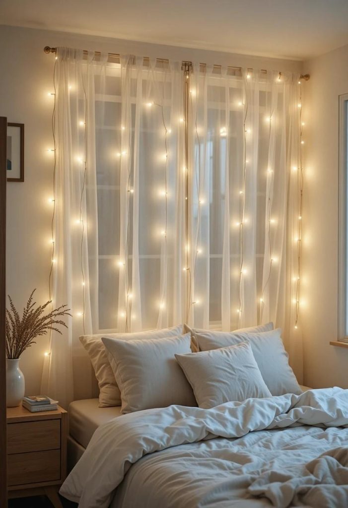 Warm white fairy string lights behind sheer curtain above bed in cozy small college dorm bedroom