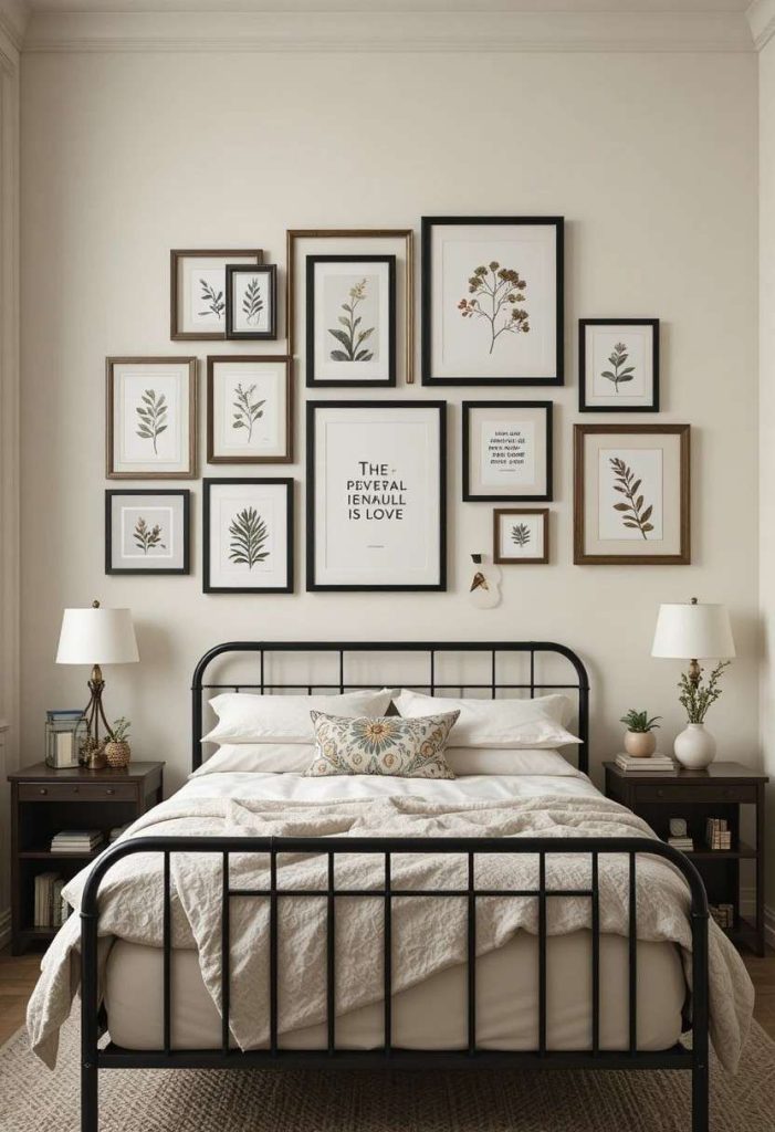 Budget Dollar Tree picture frame gallery wall above bed in aesthetic college bedroom