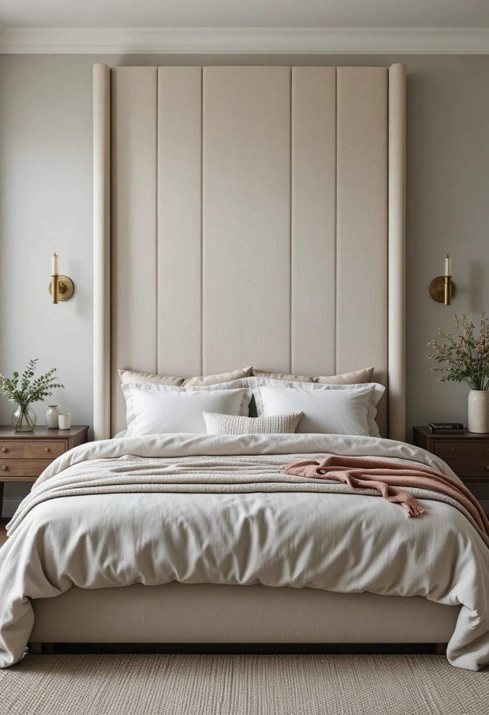 Upholstered cream linen headboard in aesthetic college apartment bedroom
