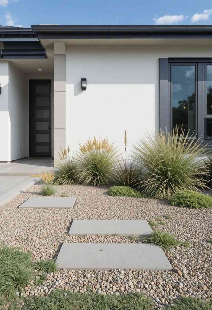 Minimalist front yard with decomposed granite replacing the lawn and concrete stepping stones