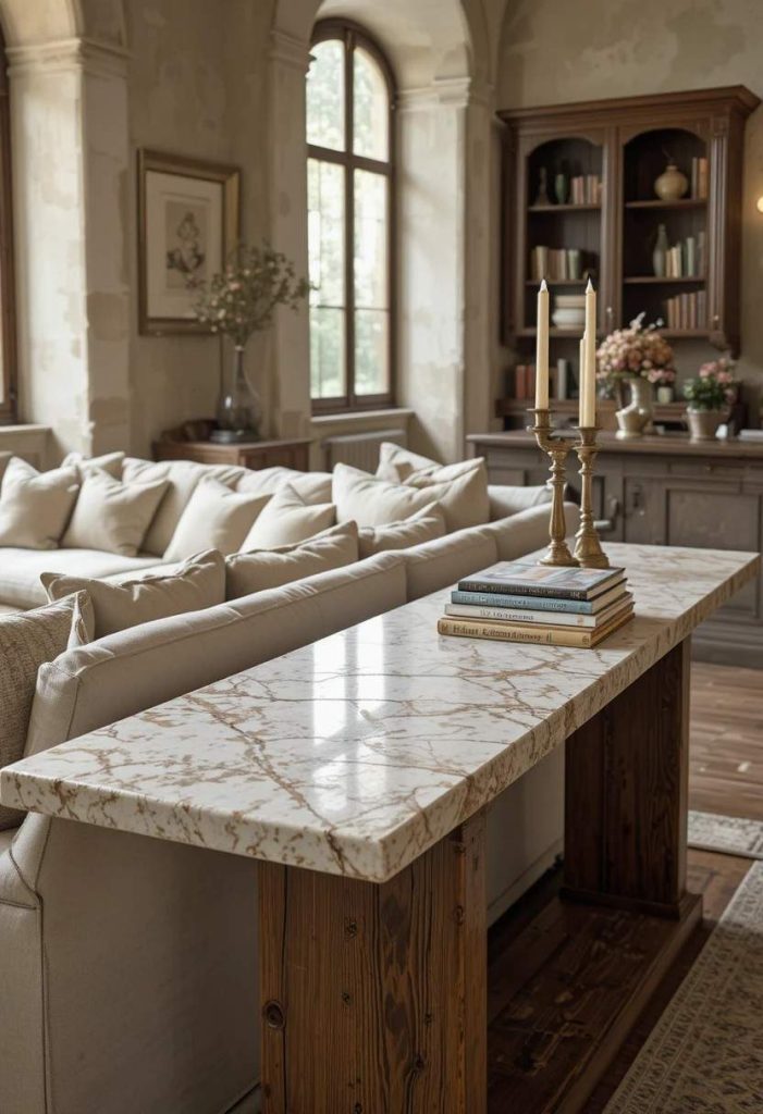 Reclaimed wood console table with travertine top behind a cream linen sofa, styled with brass candlesticks and books in a Tuscan living room.