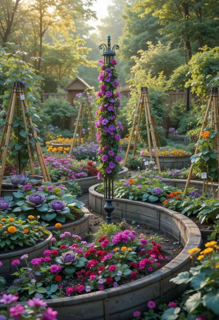 Curved kitchen garden beds with ornamental purple cabbages nasturtiums and bamboo bean teepees around a wrought iron obelisk