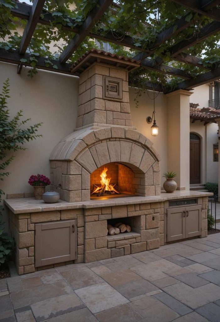 Tuscan villa at evening lit by warm copper sconces beside the arched entry, iron lantern under pergola, and amber glow against cream stucco walls.