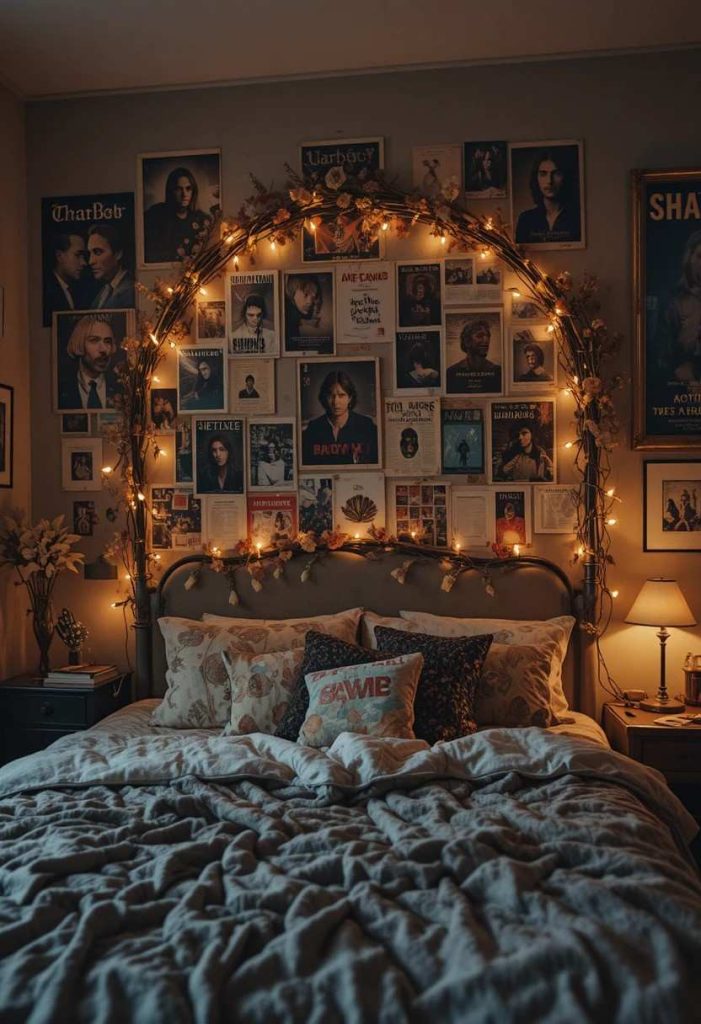 Grunge collage of posters and photos arranged in a halo arch around the headboard above a bed